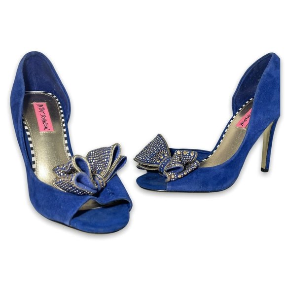Betsey Johnson Shoes - betsy johnson blue faux seude high heels gold bottoms bedazzled bow sparkle 9